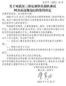 中国足协罚4万元，武汉三镇罚1美元，两张罚单引热议